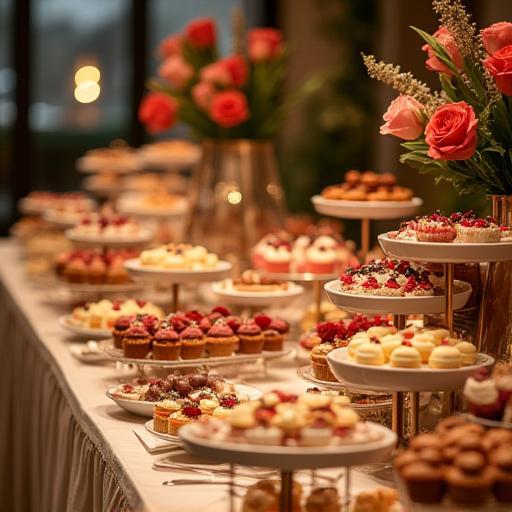 Elegante mesa de postres para un evento, con una variedad de dulces coordinados.