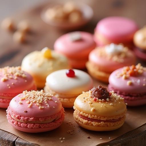 Surtido de macarons y éclairs con texturas y decoraciones únicas.