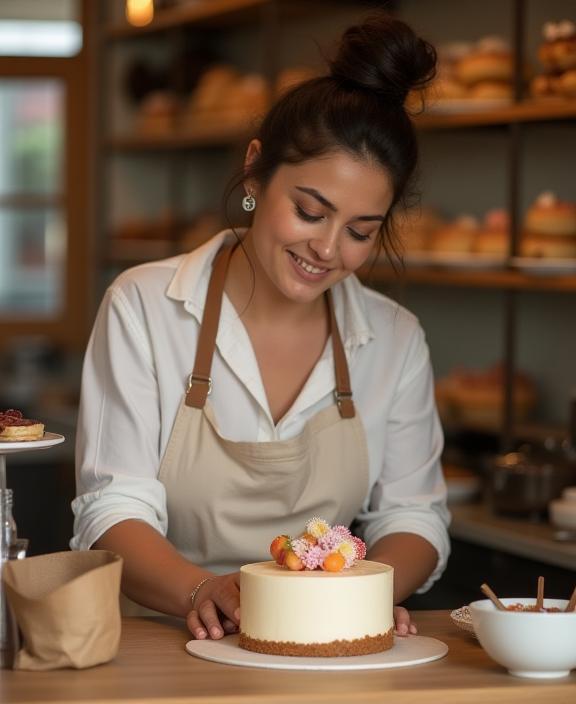 La fundadora de Gourmet Telar decorando una tarta en el acogedor ambiente de la pastelería.