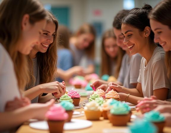 Un grupo de personas sonrientes participando en un taller de decoración de cupcakes.
